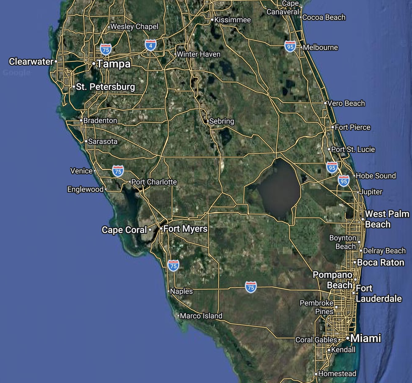 Satellite map of central and south Florida, from Tampa Bay and Winter Haven down to Miami, with Gran Paradiso in Wellen Park marked and nine paved rail trails drawn and numbered from closest to farthest