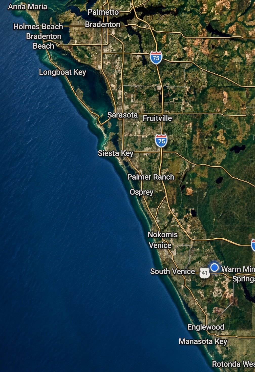 Satellite map of the Gulf coast from Anna Maria Island to Englewood, with Gran Paradiso in Wellen Park and every public beach park numbered from closest to farthest