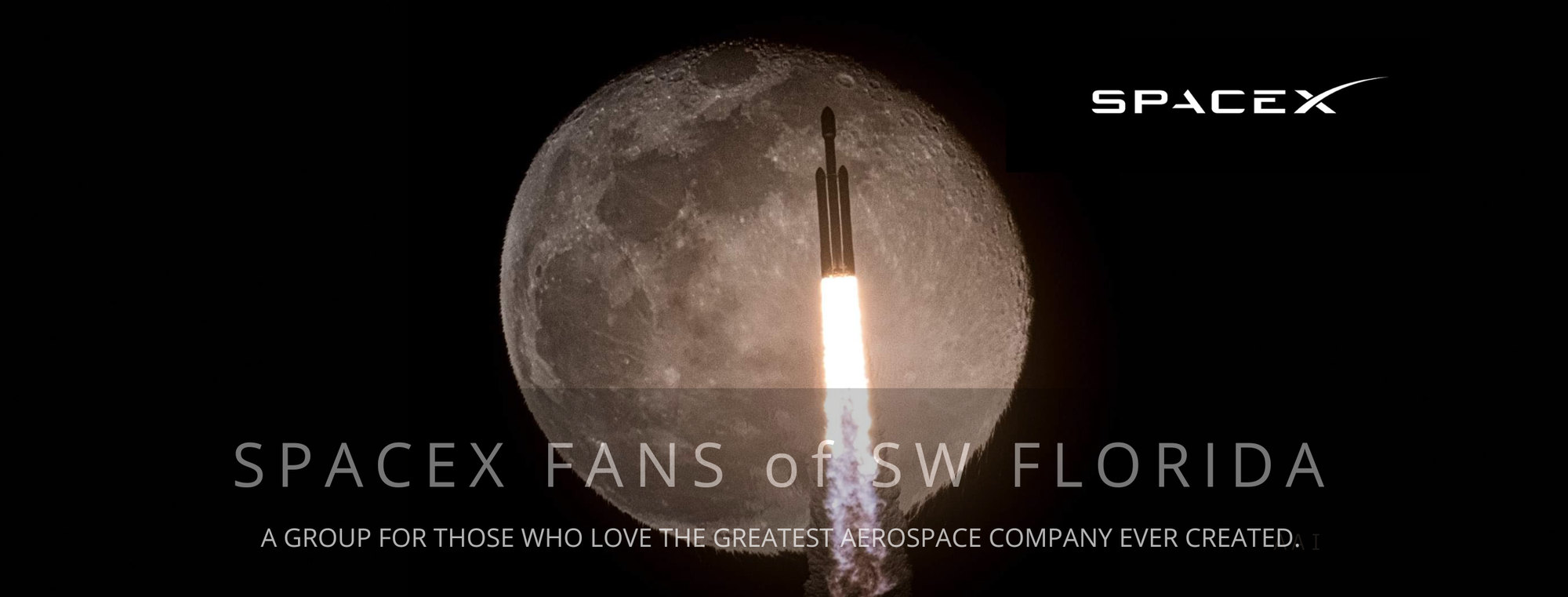 SpaceX Fans of SW Florida Facebook group banner, rocket launching across the moon