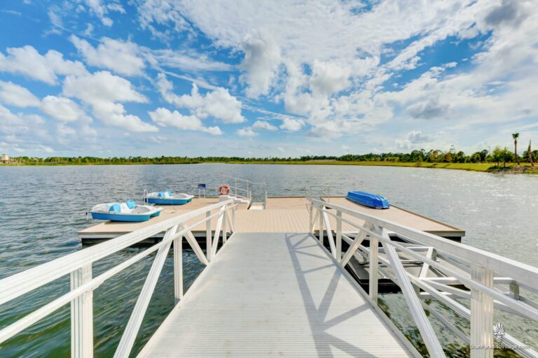 Floating dock with pedal boats on the Grand Lake in Downtown Wellen, Wellen Park