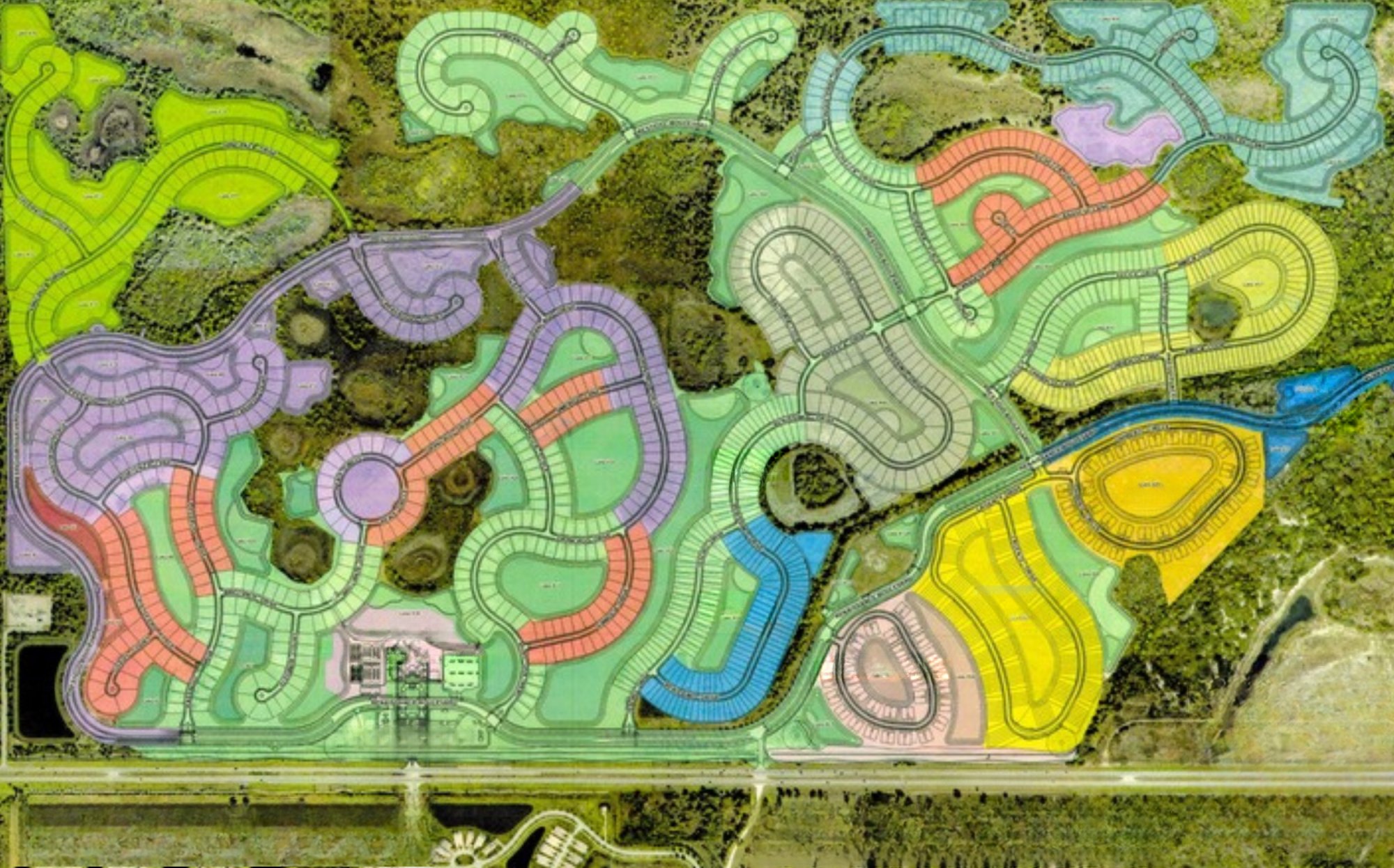 Wellen Park Gran Paradiso community map: color-coded neighborhood areas over an aerial of the lakes and preserve beside US-41