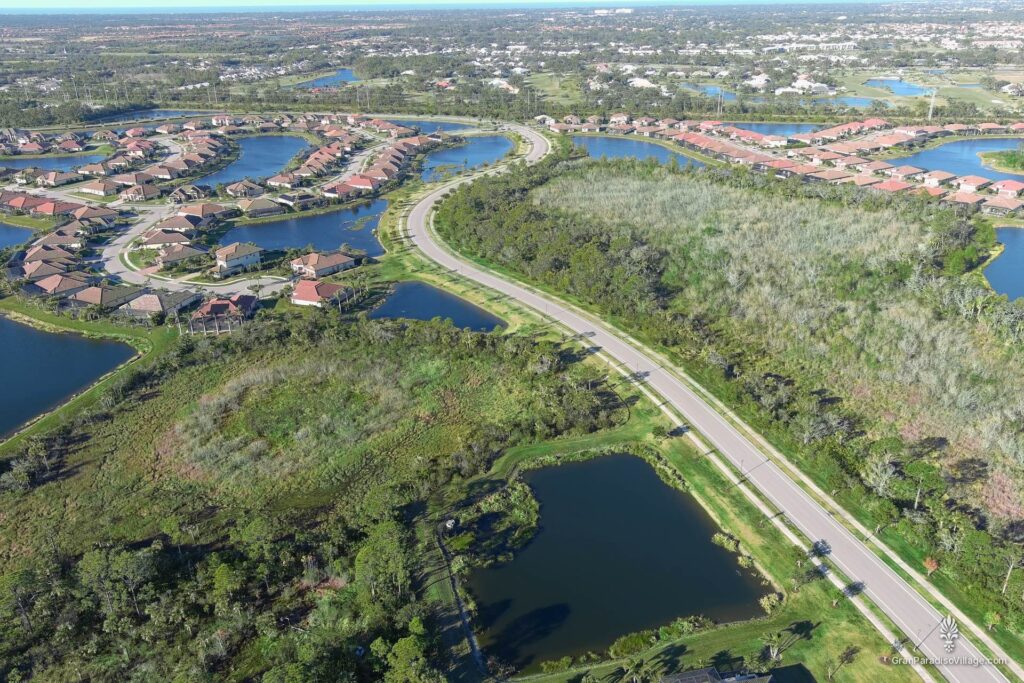 Wellen Park aerial of the green preserve and lakes surrounding Gran Paradiso