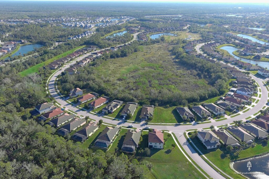 Wellen Park aerial of natural preserve land ringed by Gran Paradiso homes and lakes