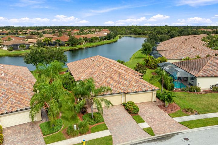 Aerial view of the villa and its pond