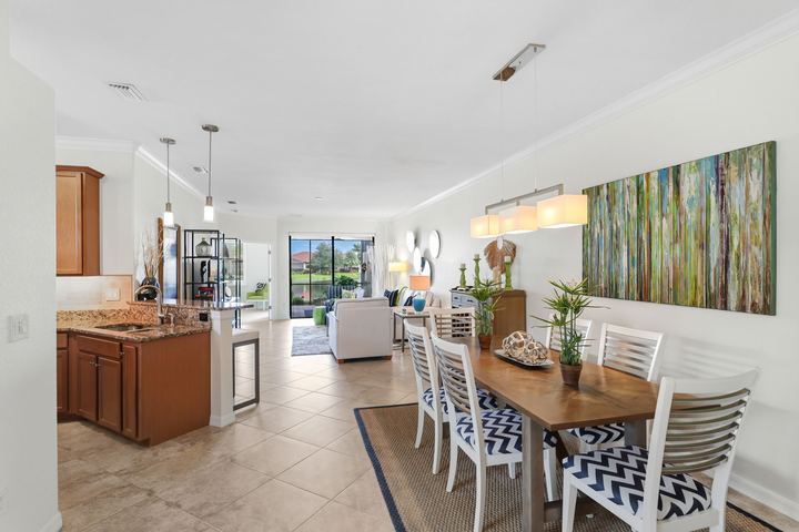 Kitchen, dining and living areas
