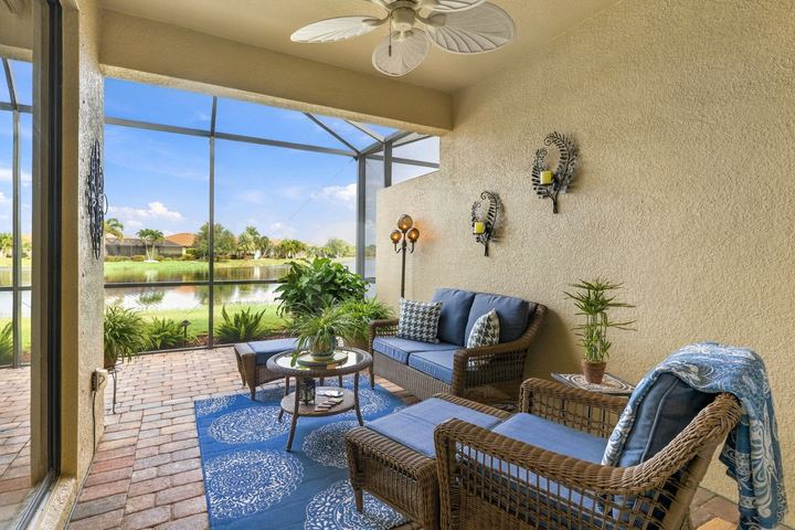 Extended covered lanai overlooking the pond
