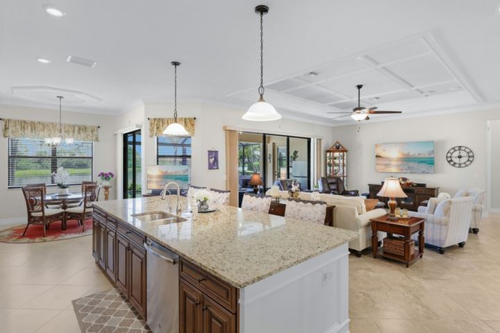 Wrap-around kitchen island open to the great room