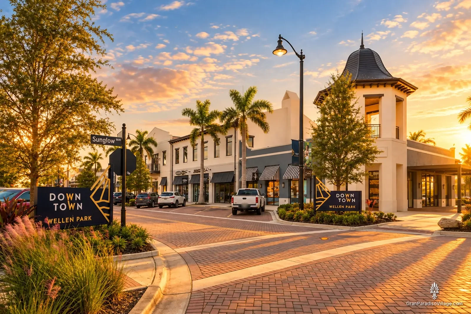 Downtown Wellen Park sign, brick street and cupola-topped corner building under an orange sunset sky