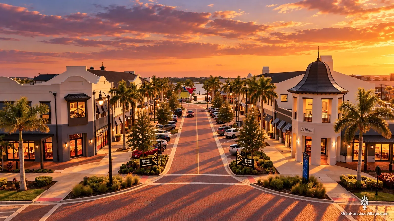 Aerial view down Downtown Wellen's palm-lined main street at sunset, with brick paving and a cupola-topped corner building