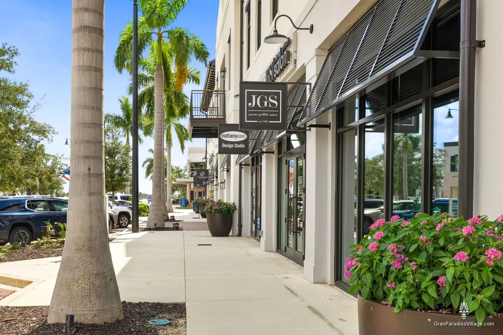 Shaded Downtown Wellen sidewalk with hanging shop signs, a palm trunk and a pink flower planter