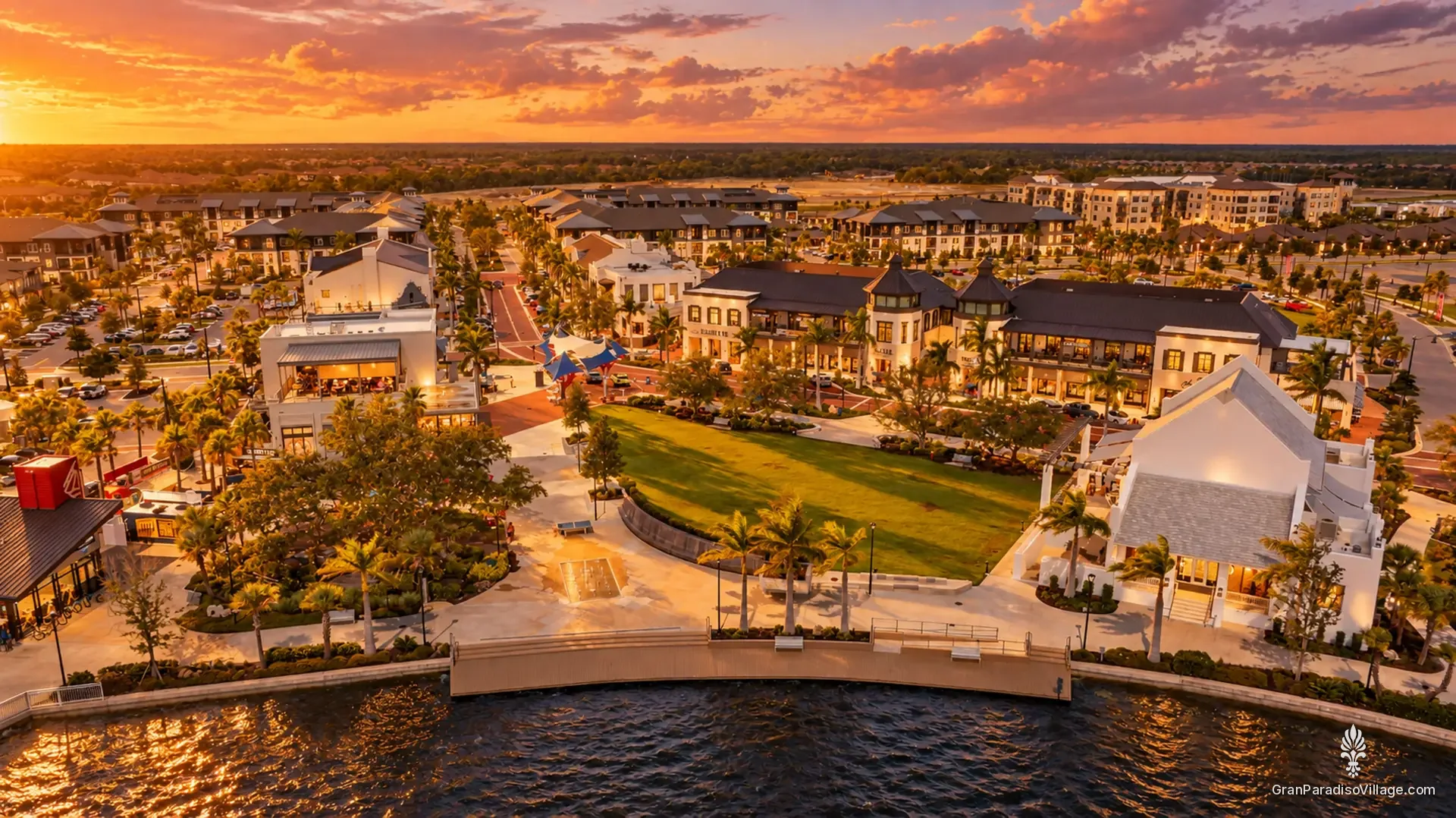 Aerial view of Downtown Wellen on the Grand Lake at sunset, Wellen Park, Florida