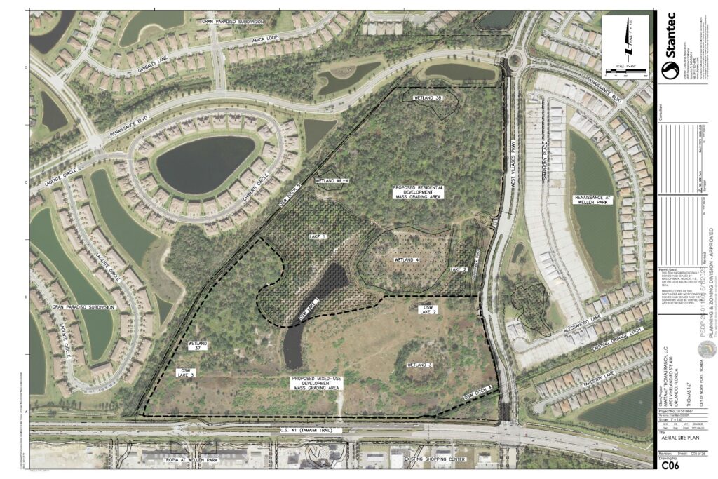 Approved aerial site plan for the Thomas 167 site at the northwest corner of US 41 and West Villages Parkway, with the proposed mixed-use and residential grading areas, two lakes and a roundabout drawn over an aerial photo, and Gran Paradiso labeled to the west