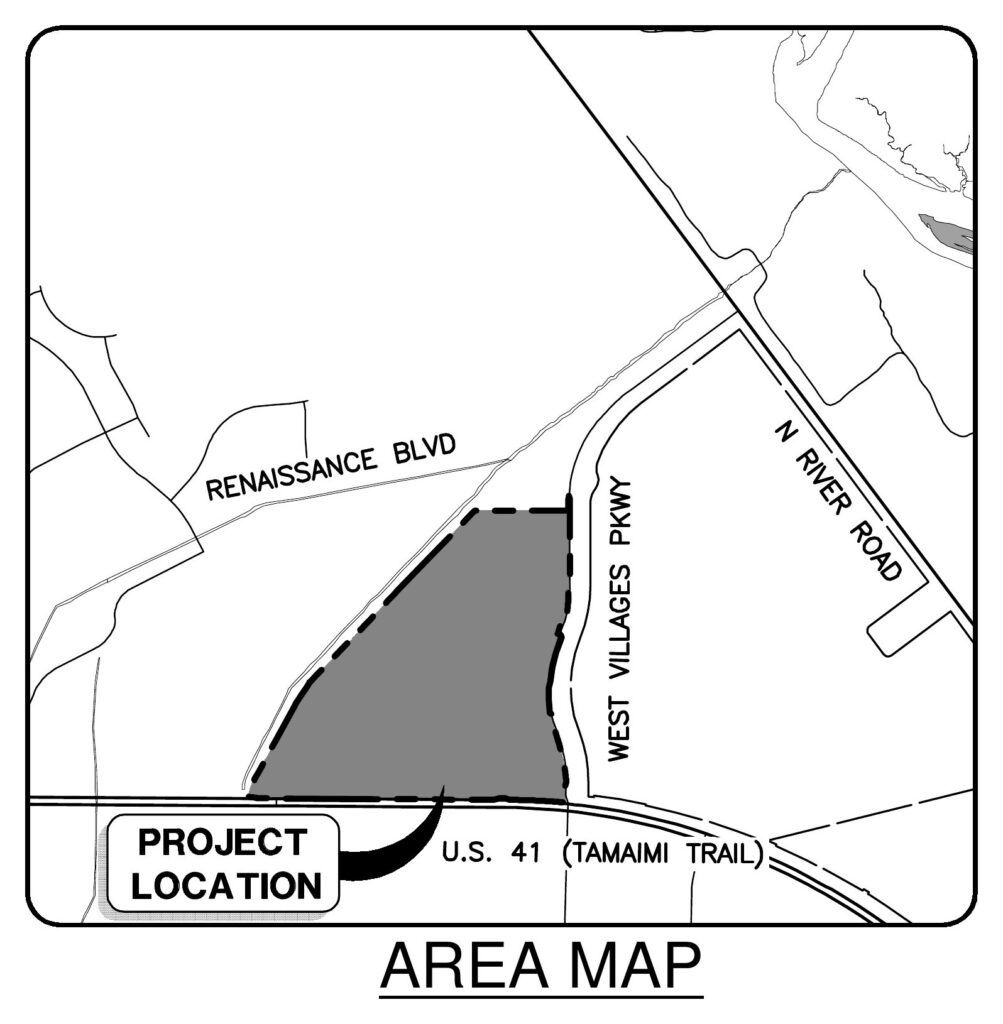 Area map showing the project location at the northwest corner of US 41 (Tamiami Trail) and West Villages Parkway in North Port