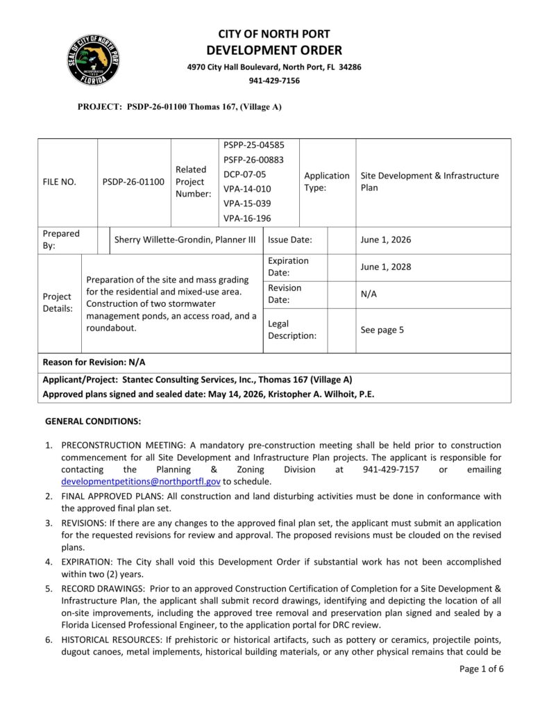 Page 1 of the City of North Port development order for PSDP-26-01100 Thomas 167 (Village A), issued June 1, 2026, for site preparation, mass grading, two stormwater ponds, an access road and a roundabout