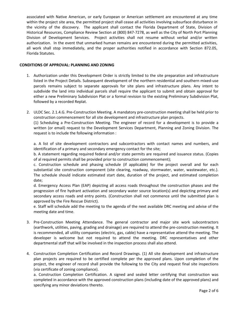 Page 2 of the City of North Port development order for PSDP-26-01100, listing the condition that the northern residential and southern mixed-use parcels need separate site and infrastructure plan approvals