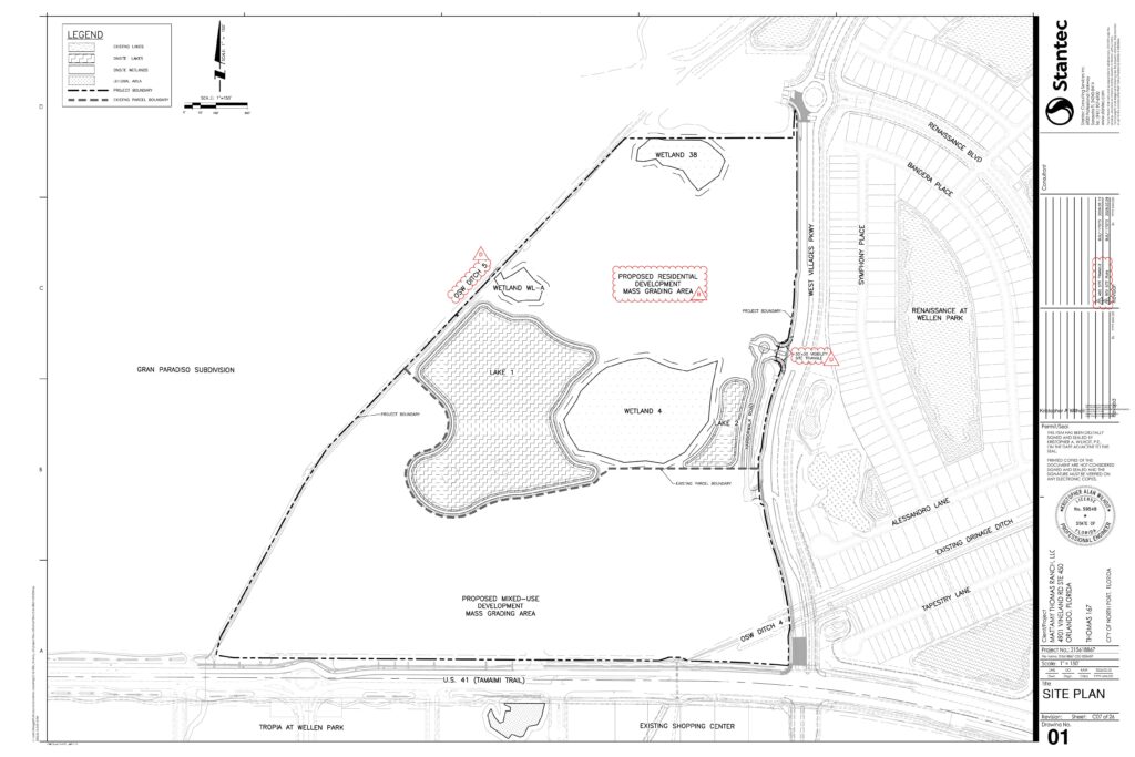 Approved master site plan for the Thomas 167 site at US 41 and West Villages Parkway, showing two stormwater lakes, an access road, a roundabout and the proposed mixed-use and residential grading areas, with Gran Paradiso to the west