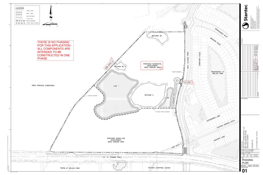Phasing plan sheet for the Thomas 167 site at US 41 and West Villages Parkway, noting that all approved site work is intended to be built in one phase