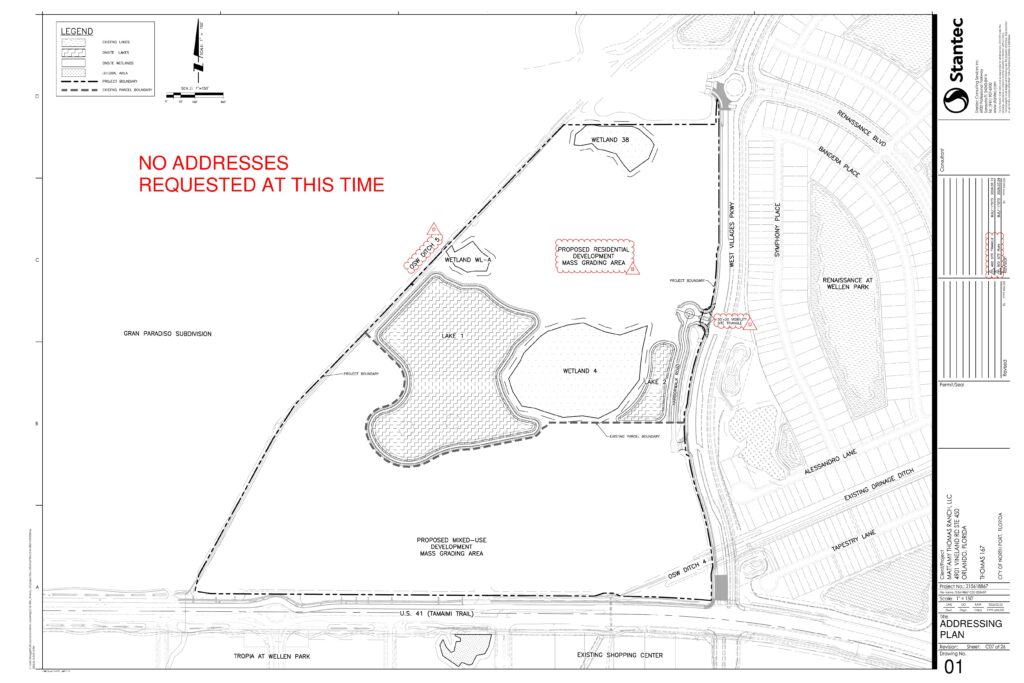 Addressing plan sheet for the Thomas 167 site at US 41 and West Villages Parkway, noting that no addresses are requested at this time