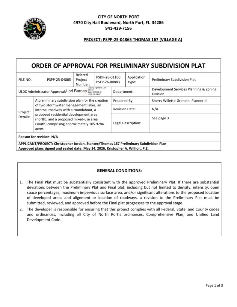 Page 1 of the City of North Port order approving preliminary subdivision plat PSPP-25-04865 for Thomas 167 (Village A), with two stormwater lakes, an internal road with a roundabout, a residential area to the north and a mixed-use area to the south