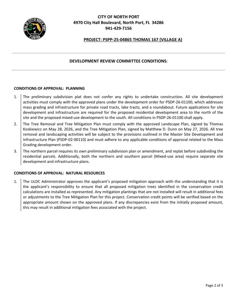 Page 2 of the City of North Port preliminary plat order PSPP-25-04865, stating that the plat confers no construction rights and that the northern and southern mixed-use parcels need separate site development plans