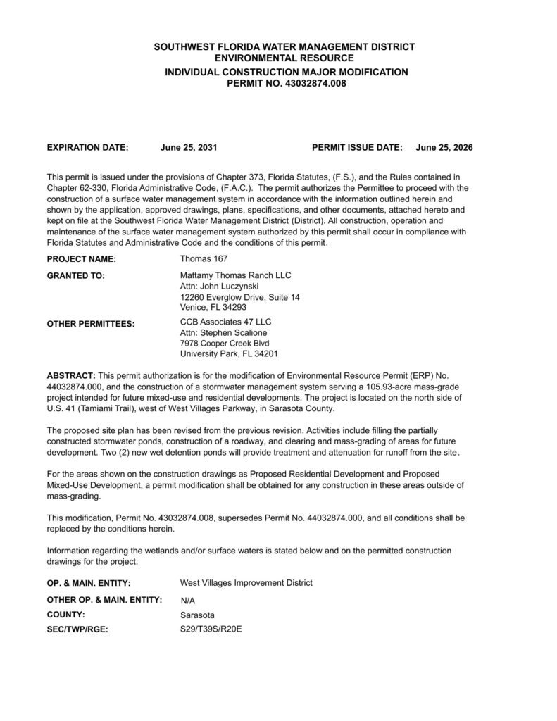 Southwest Florida Water Management District permit summary for Environmental Resource Permit 43032874.008, Thomas 167, issued June 25, 2026, covering the stormwater system, roadway and mass grading north of US 41 and west of West Villages Parkway