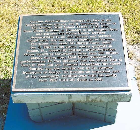 Gunther Gebel-Williams commemorative plaque at the Historic Venice Train Depot recalling Venice as winter home of the Ringling Bros and Barnum and Bailey Circus