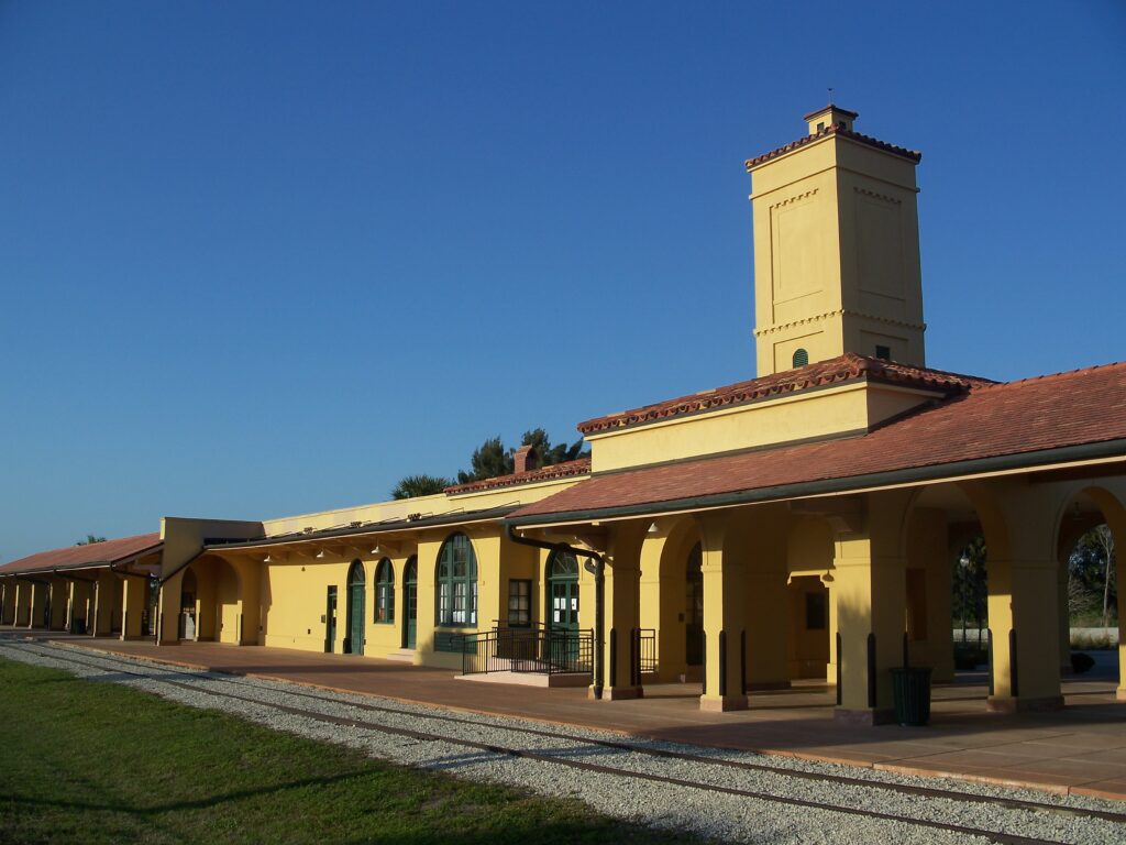 Historic Venice Train Depot completed in 1927, Mediterranean Revival landmark of the Seaboard Air Line Railroad era, now a Legacy Trail trailhead