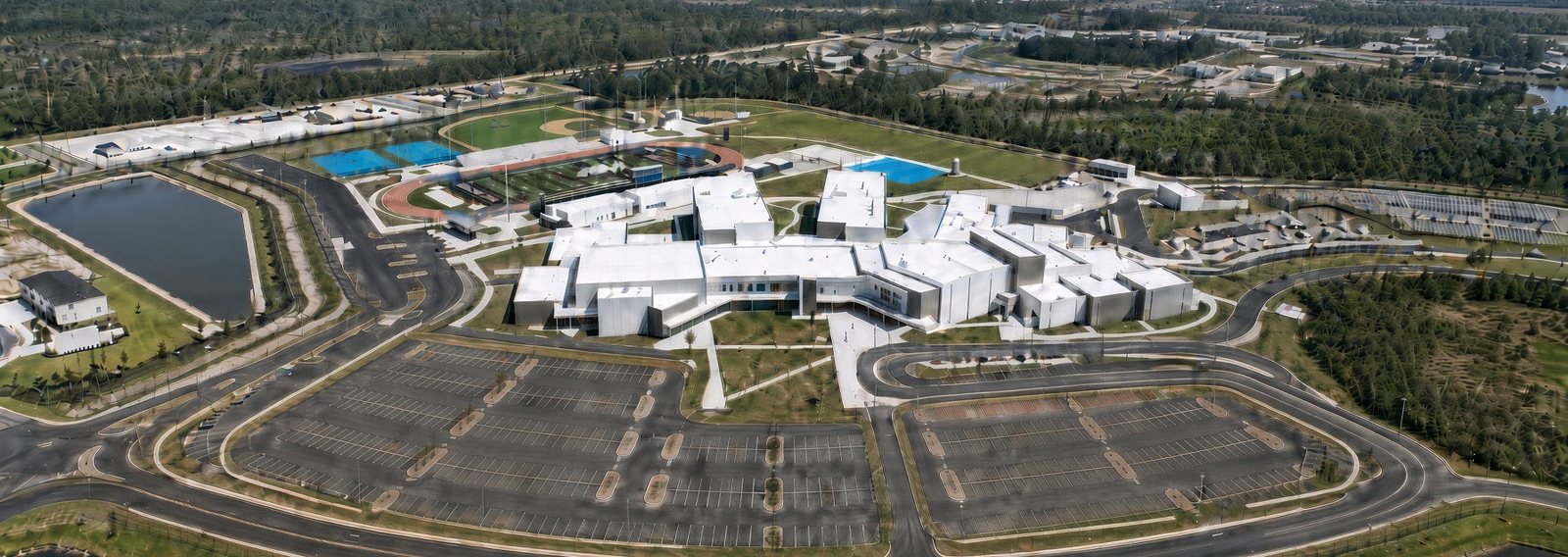 Aerial view of the Wellen Park High School campus in Wellen Park, Florida