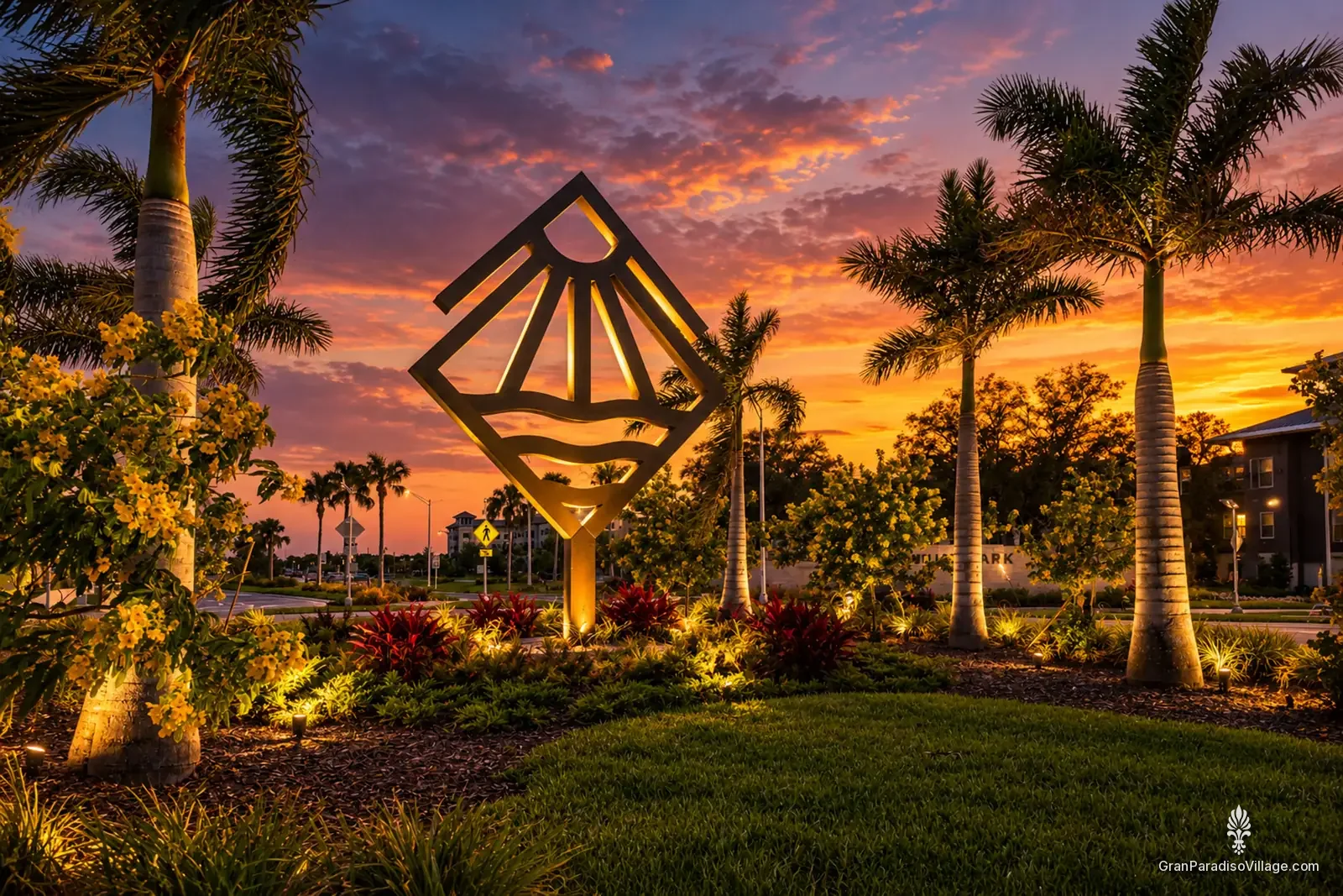 Lit Wellen Park logo sculpture among palms and tropical plantings under a vivid sunset sky